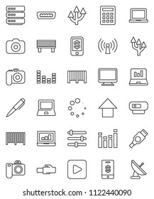 thin line vector icon set - pen vector, notebook pc, laptop graph, arrow up, camera, equalizer, play button, hdmi, big data, lan connector, bench, loading, route, wireless, barcode, calculator, web