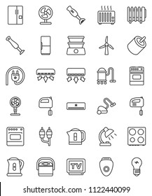thin line vector icon set - vacuum cleaner vector, kettle, mixer, oven, blender, table lamp, tv, rca, windmill, air conditioner, fridge, power plug, multi cooker, epilator, fan, double boiler, bulb