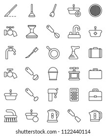 thin line vector icon set - plunger vector, broom, fetlock, bucket, water tap, car, pan, kettle, cook press, whisk, spatula, ladle, grater, sieve, case, scalpel, supply, basket