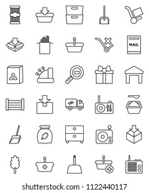 thin line vector icon set - scoop vector, washing powder, cereal, pasta, archive, wood box, no trolley, warehouse, package, cargo search, radio, mailbox, relocation truck, gift, cashbox, basket