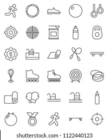 thin line vector icon set - target vector, weight, jump rope, punching bag, fitball, snickers, boxing glove, roller Skates, skateboard, medal, sports nutrition, water bottle, fitness mat, pool, hoop
