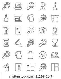 thin line vector icon set - scraper vector, window cleaning, oil, measuring cup, hand mill, spices, jug, jar, magnifier, no alcohol sign, glass, cargo search, flask, vial, sand clock, potion, cloud
