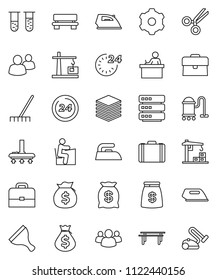 thin line vector icon set - scraper vector, vacuum cleaner, rake, iron, student, case, money bag, horizontal bar, group, vial, scissors, big data, gear, bench, construction crane, 24 hour