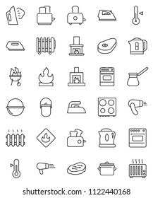 thin line vector icon set - iron vector, steaming, pan, camping cauldron, turk coffee, toaster, oven, thermometer, bbq, steak, flammable, fireplace, heating, hair dryer, kettle, heater