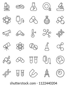 thin line vector icon set - thermometer vector, drawing compass, atom, telescope, microscope, magnet, flask, pills, molecule, oxygen, satellite, vial, dna, drop counter, ovule