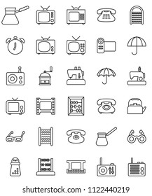 thin line vector icon set - washboard vector, kettle, hand mill, turk coffee, glasses, alarm clock, abacus, phone, umbrella, film frame, radio, tv, classic, video camera, sewing machine