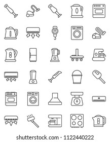thin line vector icon set - vacuum cleaner vector, bucket, kettle, scales, oven, blender, air conditioner, fridge, washer, coffee maker, hood