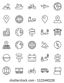 thin line vector icon set - camping cauldron vector, backpack, compass, school bus, world, bike, signpost, navigator, earth, map pin, plane, ship, route, Railway carriage, globe, mountain
