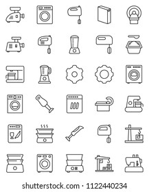 thin line vector icon set - washing powder vector, mixer, double boiler, blender, tomography, gear, washer, construction crane, dishwasher, coffee maker, meat grinder, sewing machine
