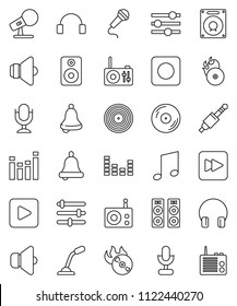 thin line vector icon set - bell vector, music, disk, hit, microphone, radio, speaker, equalizer, headphones, play button, forward, rec, jack