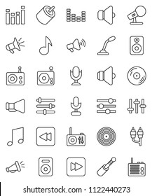 thin line vector icon set - music vector, disk, microphone, radio, speaker, loudspeaker, settings, equalizer, forward button, backward, rca, jack