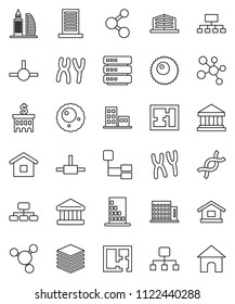 thin line vector icon set - molecule vector, bank, building, hierarchy, dna, chromosomes, ovule, connect, big data, plan, apartments, office, home