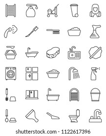 thin line vector icon set - plunger vector, scraper, cleaner trolley, fetlock, scoop, bucket, sponge, trash bin, car, splotch, steaming, bath, toilet, brush, washer, foam basin, washing powder, sink