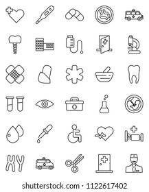thin line vector icon set - school building vector, doctor bag, ambulance star, disabled, heart pulse, cross, thermometer, flask, vial, eye, pregnancy, dropper, scissors, patch, pills, mortar, tooth
