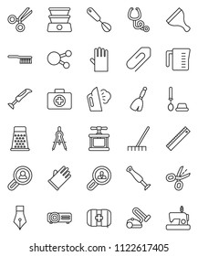 thin line vector icon set - scraper vector, broom, fetlock, rake, steaming, toilet brush, rubber glove, measuring cup, cook press, whisk, grater, pen, ruler, drawing compass, first aid kit, scissors