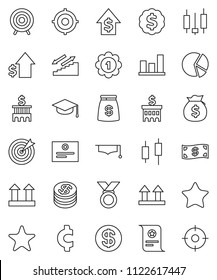 thin line vector icon set - graduate hat vector, certificate, graph, pie, japanese candle, money bag, dollar growth, bank building, target, medal, cent sign, stairways run, top, favorites, coin