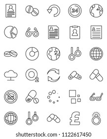 thin line vector icon set - glasses vector, world, personal information, pie graph, pound, pills, no fastfood, gymnast rings, oxygen, earth, cloud network, refresh, undo, loading, globe, 24 hour