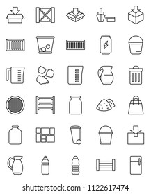 thin line vector icon set - bucket vector, trash bin, garbage pile, measuring cup, jug, sieve, jar, enegry drink, water bottle, sea container, port, wood box, consolidated cargo, package, shelving
