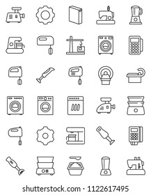 thin line vector icon set - washer vector, washing powder, mixer, double boiler, blender, tomography, gear, construction crane, card reader, dishwasher, coffee maker, meat grinder, sewing machine