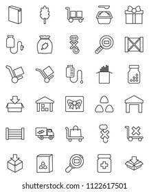 thin line vector icon set - washing powder vector, cereal, pasta, wood box, cargo, no trolley, hook, warehouse, package, search, pills bottle, drop counter, relocation truck, gift