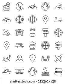 thin line vector icon set - backpack vector, compass, school bus, world, bike, signpost, navigator, earth, map pin, plane, ship, route, Railway carriage, globe, mountain