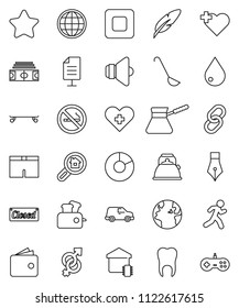 thin line vector icon set - water drop vector, kettle, ladle, turk coffee, pen, pie graph, wallet, stadium, shorts, skateboard, no smoking, heart cross, run, earth, car, speaker, link, stop button