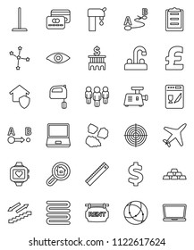 thin line vector icon set - mop vector, garbage pile, water tap, towel, mixer, ruler, constellation, bank building, man, pound, dollar sign, gold ingot, target, heart monitor, stairways run, plane