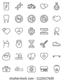 thin line vector icon set - soap vector, potato, measuring, weight, jump rope, buttocks, snickers, boxing glove, skateboard, enegry drink, heart monitor, pool, no smoking, cross, first aid kit, dna
