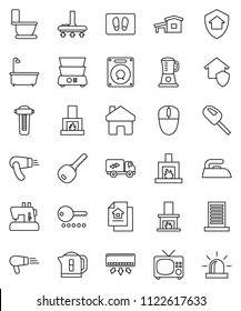 thin line vector icon set - vacuum cleaner vector, welcome mat, iron, bath, toilet, double boiler, home, cottage, estate document, key, relocation truck, fireplace, building, protect, password, tv