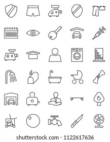 thin line vector icon set - cleaner trolley vector, water tap, bath, drying clothes, shower, knife, toaster, calendar, fitball, shorts, skateboard, client, dry cargo, eye, syringe, broken bone, user