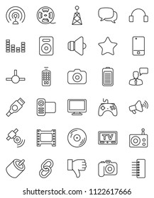 thin line vector icon set - film frame vector, spool, disk, camera, radio, antenna, satellitie, speaker, loudspeaker, gamepad, equalizer, tv, video, remote control, mobile phone, dialog, headphones