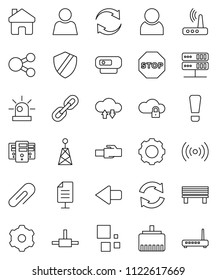 thin line vector icon set - antenna vector, connect, network server, cloud lock, exchange, gear, shield, router, lan connector, share, home, bench, arrow, refresh, loading, chain, document, user
