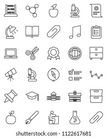 thin line vector icon set - book vector, graduate hat, pen, university, school building, student, apple fruit, telescope, microscope, table lamp, notebook pc, clipboard, paper pin, compass, medal