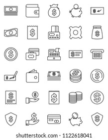 thin line vector icon set - dollar coin vector, credit card, wallet, cash, money bag, piggy bank, investment, stack, check, receipt, shield, any currency, cashbox