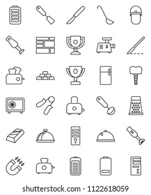 thin line vector icon set - camping cauldron vector, spatula, ladle, grater, toaster, blender, dish, award cup, magnet, gold ingot, safe, hand trainer, consolidated cargo, battery, scalpel, fridge