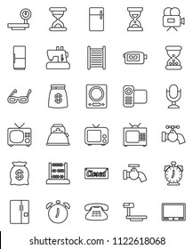 thin line vector icon set - water tap vector, washboard, kettle, glasses, alarm clock, abacus, sand, big scales, tv, video camera, microphone, classic phone, fridge, money bag, closed, kitchen
