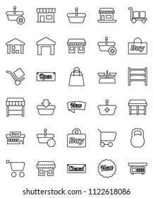 thin line vector icon set - office vector, cargo, warehouse, weight, shelving, new, open, closed, shopping bag, market, store, mall, buy, basket, cart, scales