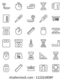 thin line vector icon set - measuring cup vector, scales, corner ruler, sand clock, stopwatch, weight, big, thermometer, store, kitchen
