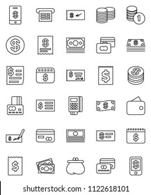 thin line vector icon set - credit card vector, cash, coin stack, check, receipt, dollar calendar, money, wallet, reader, tap pay