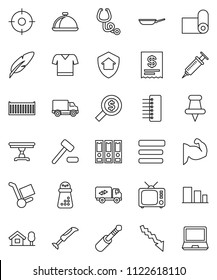 thin line vector icon set - pan vector, hand mill, dish, pen, crisis, money search, binder, muscule, t shirt, fitness mat, sea container, delivery, sorting, tv, thumbtack, jack, syringe, stethoscope