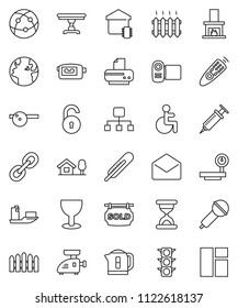 thin line vector icon set - earth vector, traffic light, ship, glass, big scales, microphone, video camera, remote control, internet, link, mail, disabled, thermometer, syringe, sand clock, unlock