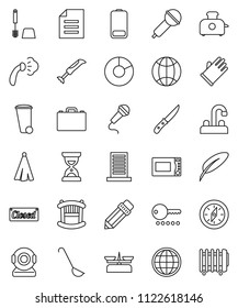 thin line vector icon set - trash bin vector, steaming, toilet brush, rubber glove, water tap, towel, ladle, knife, microwave oven, pen, pencil, case, compass, document, pie graph, sand clock, globe