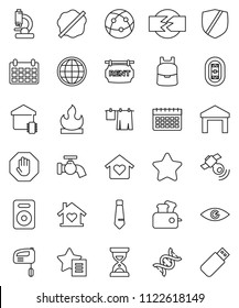 thin line vector icon set - water tap vector, splotch, drying clothes, backpack, sand clock, tie, calendar, stadium, warehouse, protected, flammable, satellitie, internet, speaker, eye, dna, globe