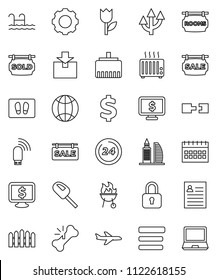 thin line vector icon set - welcome mat vector, bbq, personal information, calendar, monitor dollar, sign, plane, tulip, package, broken bone, gear, menu, usb modem, lan connector, globe, connection