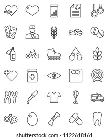 thin line vector icon set - egg vector, scales, pills vial, bike, punching bag, boxing glove, t shirt, roller Skates, target, cereals, breads, heart cross, gymnast rings, pulse, doctor, eye, dropper