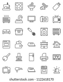 thin line vector icon set - iron vector, sink, water tap, skimmer, oven, tv, house, key, cushioned furniture, fireplace, fridge, multi cooker, toaster, monitor, vacuum cleaner, hair dryer, camera