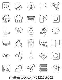 thin line vector icon set - plates vector, toilet paper, towel, book, magnet, scissors, molecule, flag, money bag, tie, run, clock, flammable, dialog, stop button, forward, rec, heart cross, eye