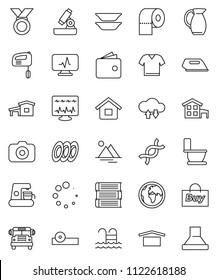 thin line vector icon set - toilet vector, paper, plates, jug, book, microscope, school bus, wallet, medal, pool, earth, dry cargo, camera, dna, eye doctor hat, diagnostic monitor, cloud exchange