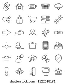 thin line vector icon set - cart vector, calculator, map pin, dry cargo, satellitie, video camera, speaking man, social media, link, connect, network folder, server, cloud glass, shield, firewall