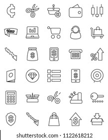 thin line vector icon set - japanese candle vector, laptop graph, crisis, percent growth, dollar, target, cent sign, wallet, money bag, new, shopping, support, cashbox, receipt, basket, cart, coupon